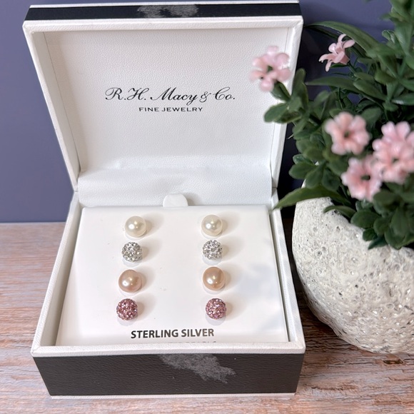 Macy’s Sterling Silver Freshwater Pearl and Crystal Stud Earring Set - Picture 2 of 7